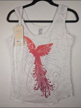 NWT Prana Om Tank Top White with Pink-Red Phoenix & Cloud Graphic Women's Large